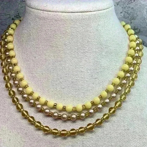 Vintage Japan 3 Strand Necklace - Yellows and Cream - Picture 1 of 3